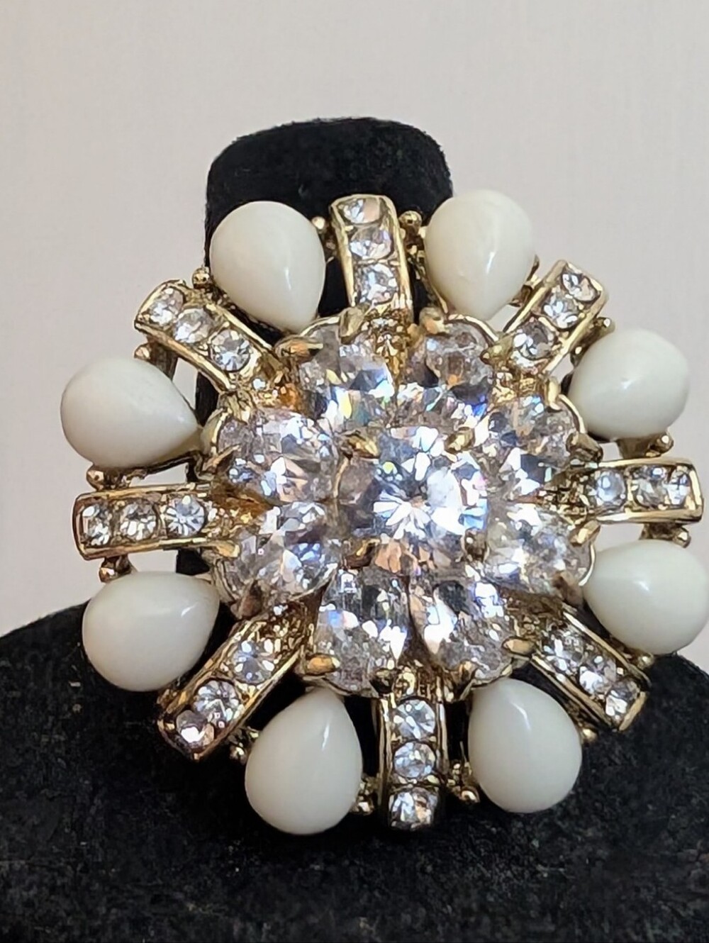 Gold-Tone White Teardrop Crystal Floral Ring